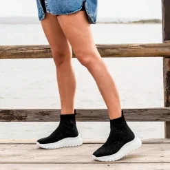 Bota Estilo Meia Com Plataforma Exe44 Em Pewter Com Brilho