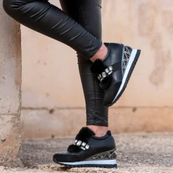 Sneaker Cabelo Com Cunha Y2326-H522 Em Preto